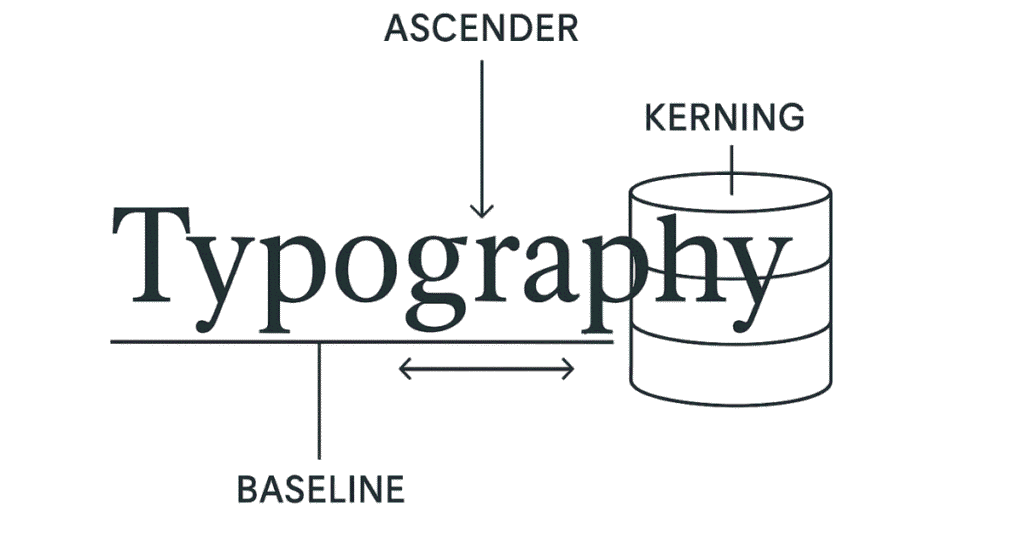 Flat infographic showing typography anatomy—serif, sans-serif, leading, kerning, spacing
