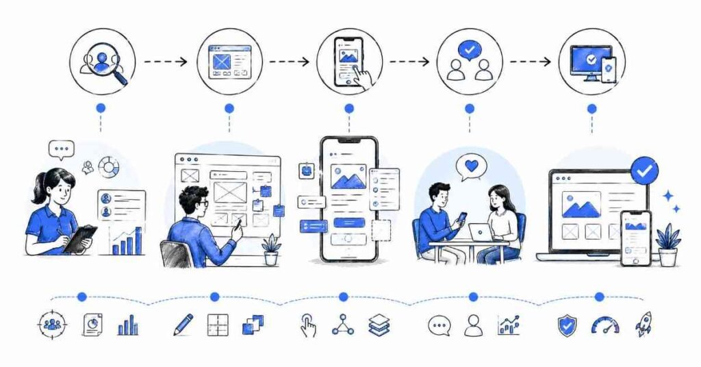 UI UX design process from user research to wireframing prototyping and final product design