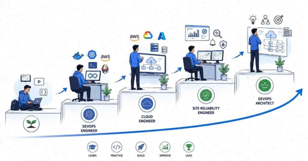 Career growth path for DevOps engineers from beginner to cloud and platform engineering roles