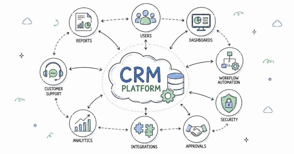 Salesforce platform ecosystem showing CRM automation reports security and integrations