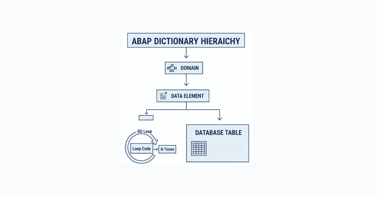 ABAP Dictionary visual showing domain, data element, and table relationships.