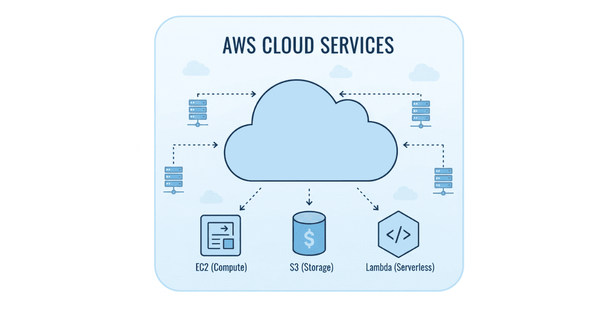 Flat AWS cloud architecture illustration with EC2, S3, and cloud network in blue-white tone.