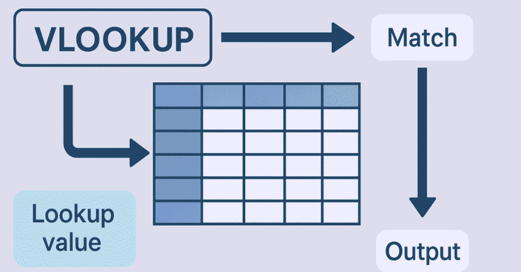 Flat illustration showing VLOOKUP data flow and match process in Excel.