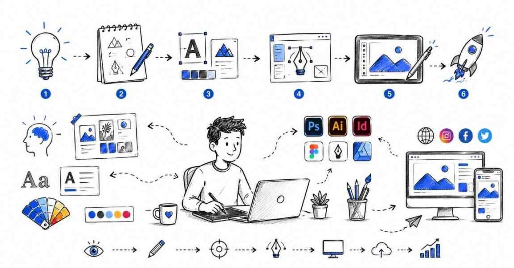 Graphic design workflow showing creativity branding visual communication and digital design