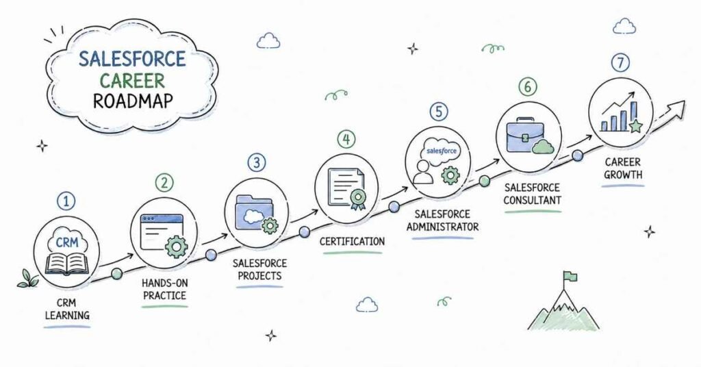 Salesforce career roadmap from beginner to Salesforce administrator and consultant