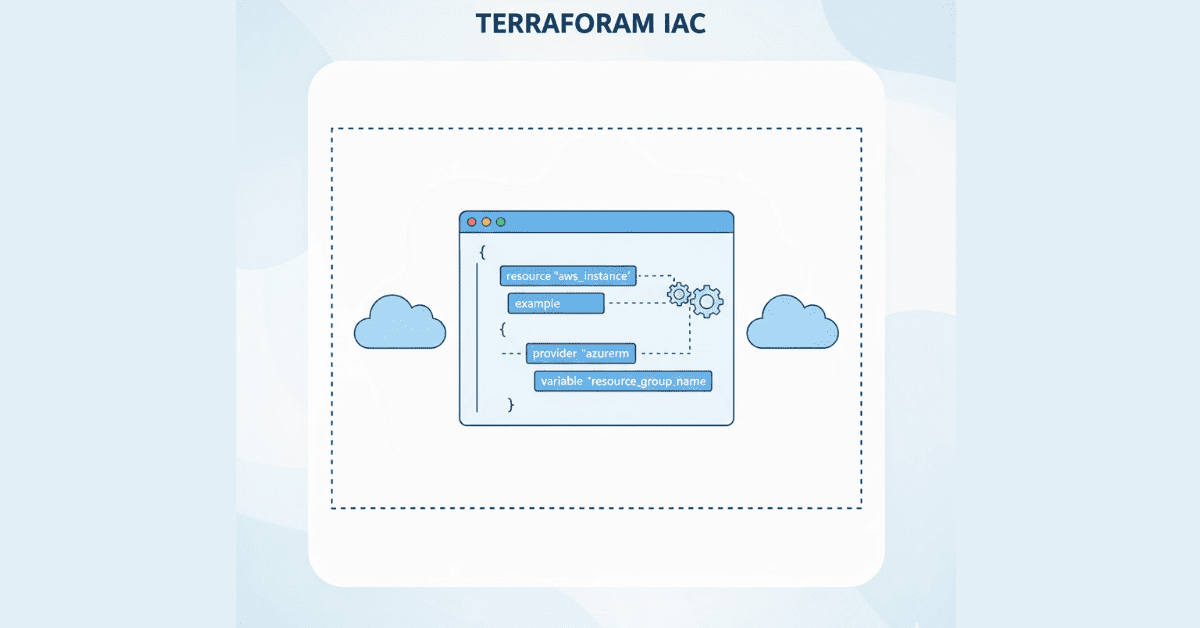 Flat Terraform IaC illustration showing infrastructure code blocks and clouds.