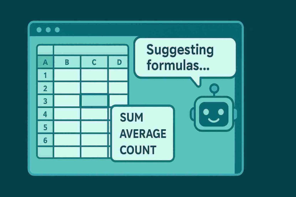 Flat vector illustration showing AI chatbot assisting with Excel data and formulas.