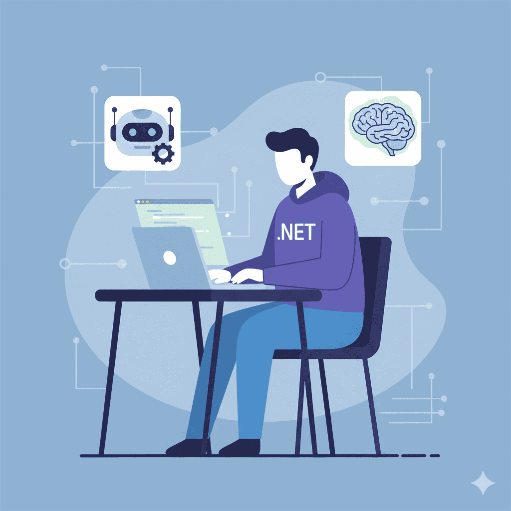 Flat illustration showing developer with laptop and .NET logo surrounded by AI icons.