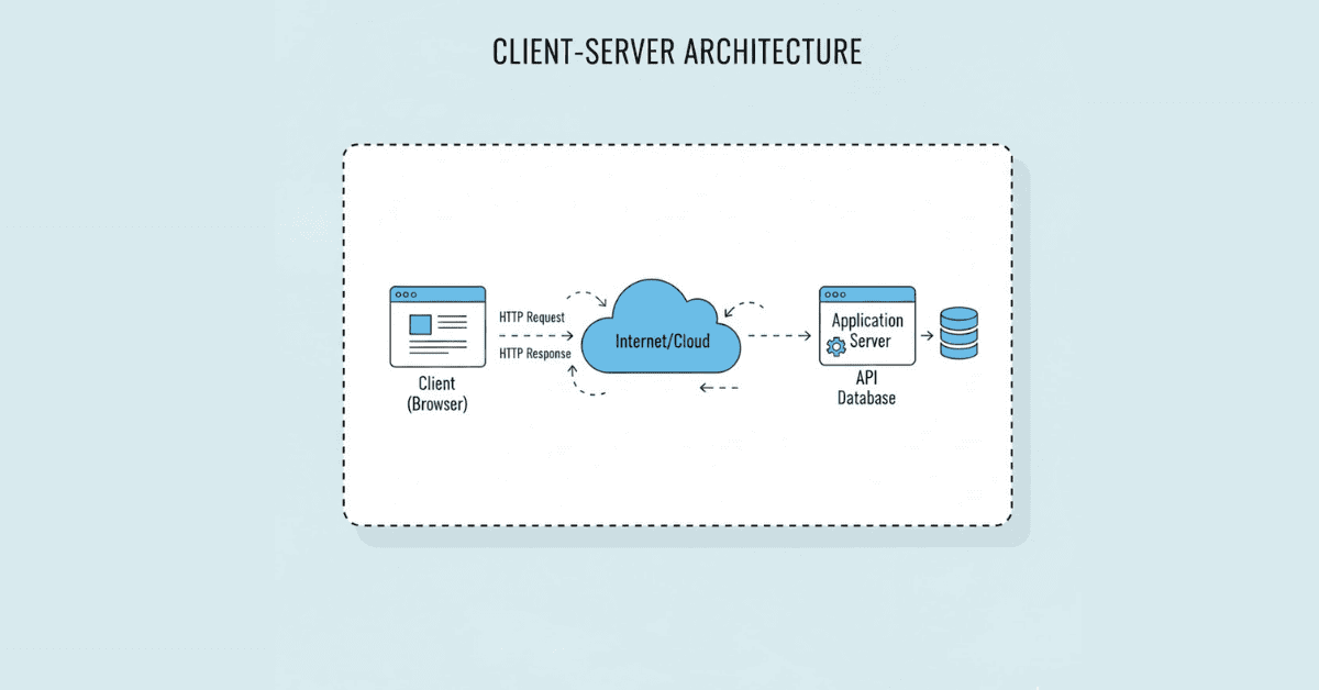 Flat client-server visual showing browser request and response cycle in blue-white style.