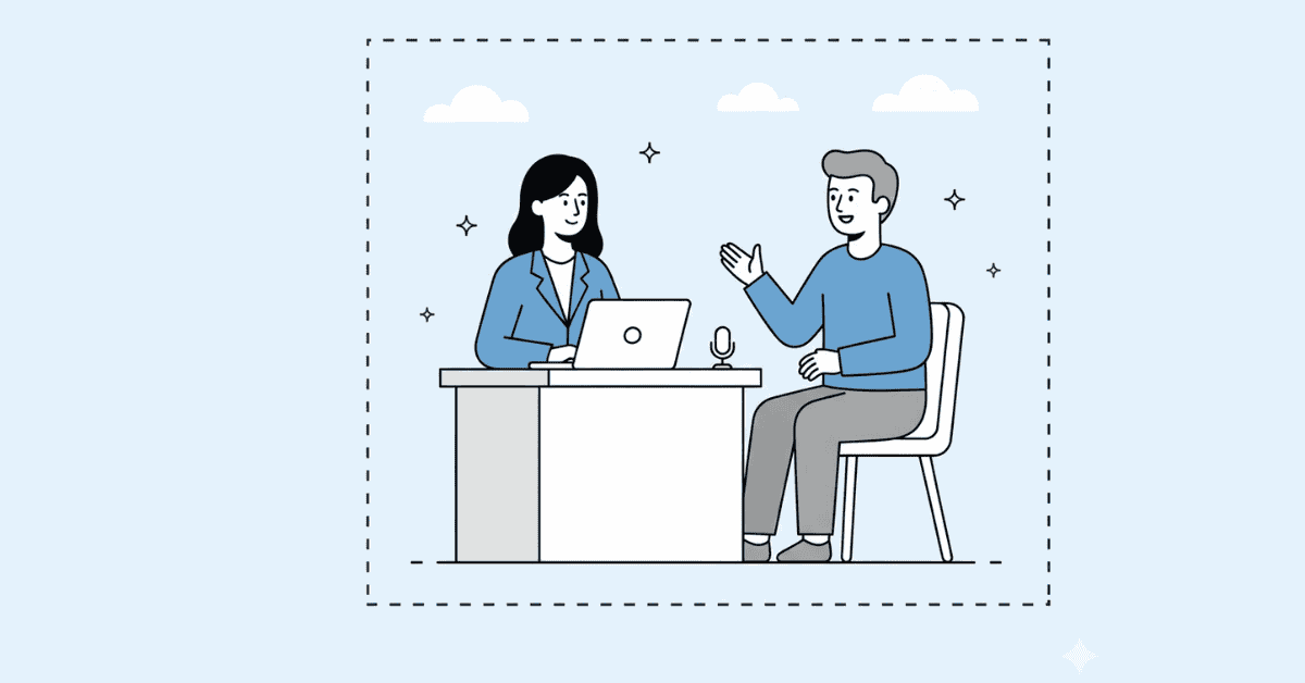 Flat illustration of interview discussion showing communication skills in blue-white professional style.
