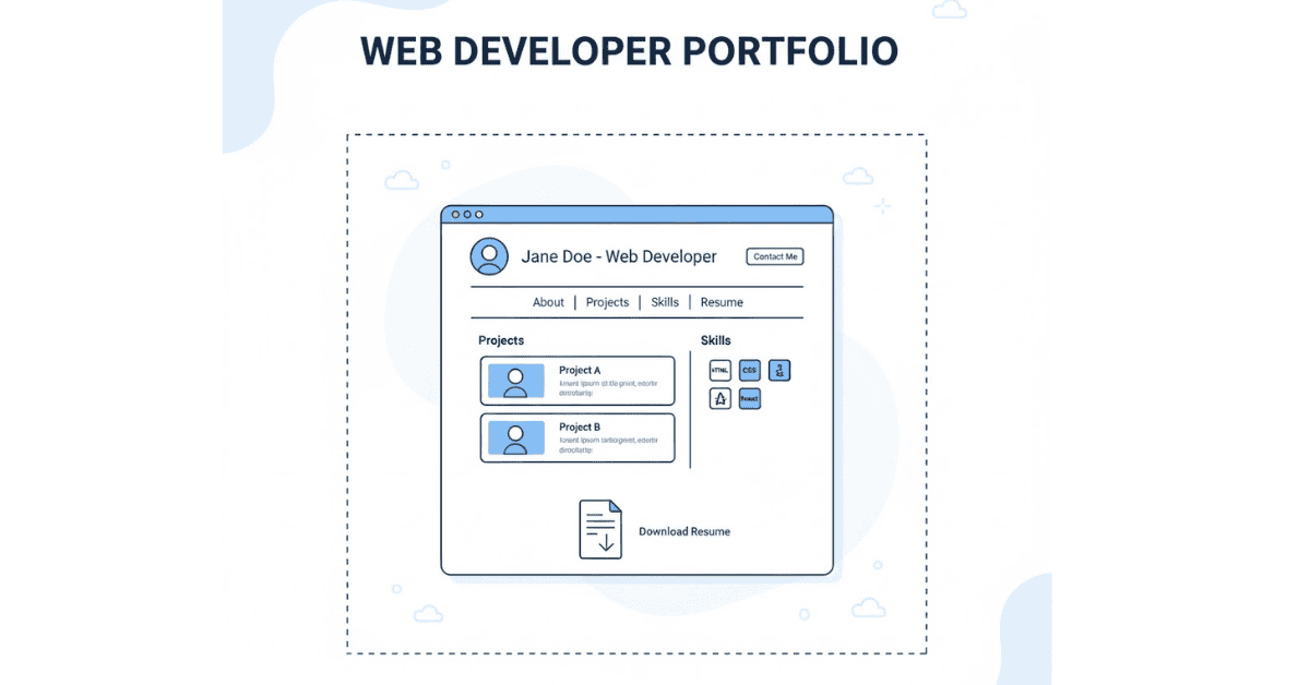 Flat portfolio and resume visual showing profile and project cards in blue-white theme.