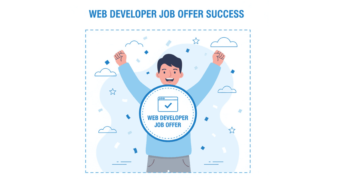 Flat illustration of web developer celebrating job success with certificate badge and confetti.