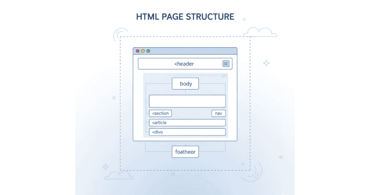 Flat HTML structure visual showing semantic tags and page layout in clean blue-white tone.