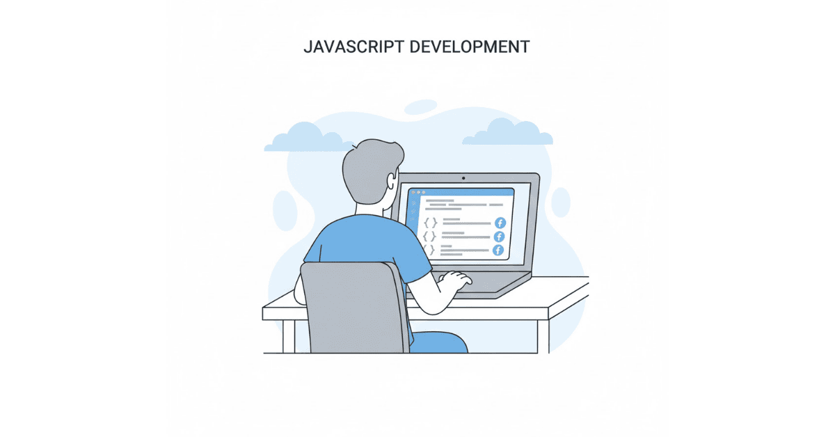 Flat developer illustration writing JavaScript code with curly brace symbols in blue-white workspace.