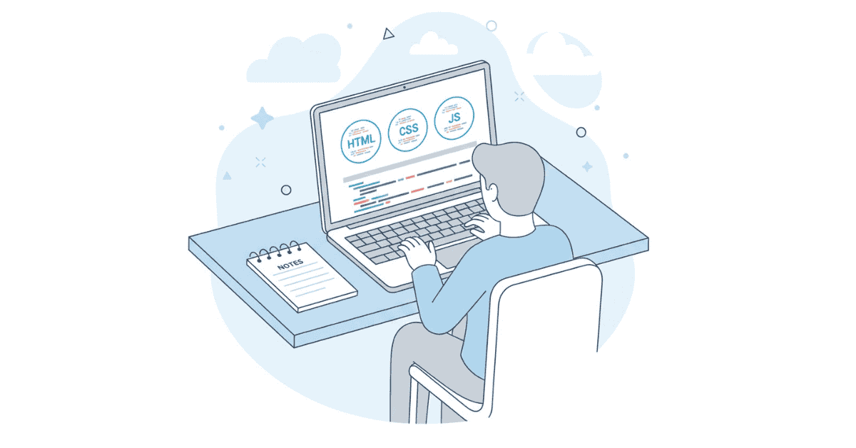Flat illustration of candidate preparing for web developer interview with HTML, CSS, and JS icons on white-blue background.