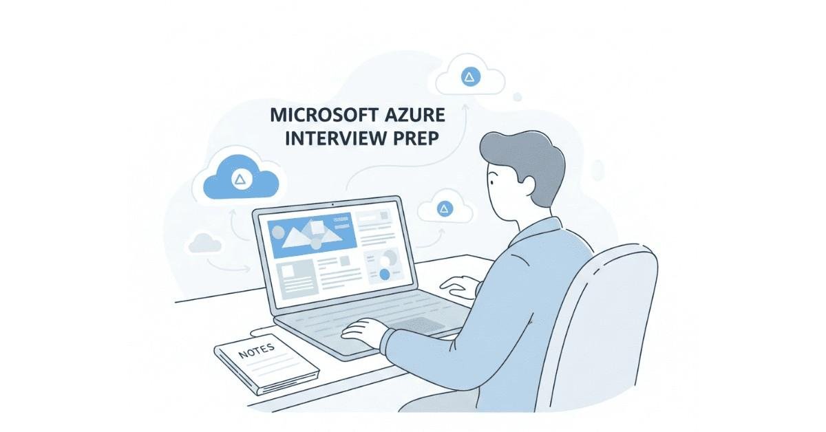 Minimalist illustration of candidate preparing for Azure interview, with cloud dashboards and Microsoft Azure icons in white-blue palette.
