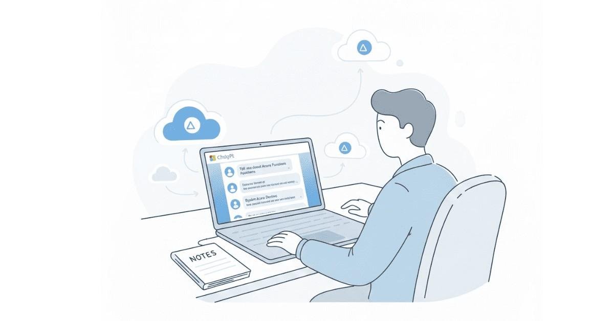 Flat visual of a candidate practicing Azure interview questions using ChatGPT on laptop in clean AI design.