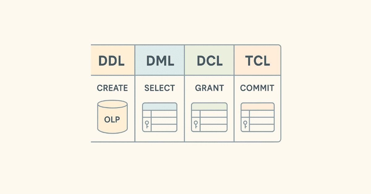 Diagram comparing SQL command types DDL, DML, DCL, TCL with examples in clean infographic style