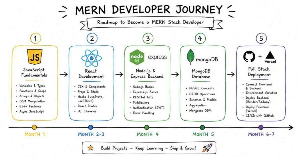 "MERN Stack developer roadmap from JavaScript basics to full stack deployment in 2026"