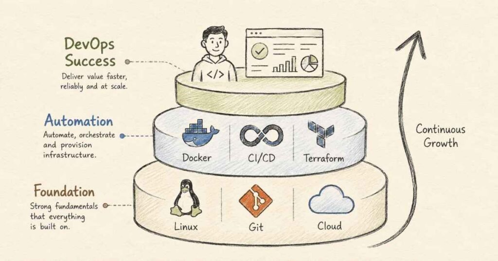 "DevOps engineering roadmap showing Linux Git automation and career success progression"