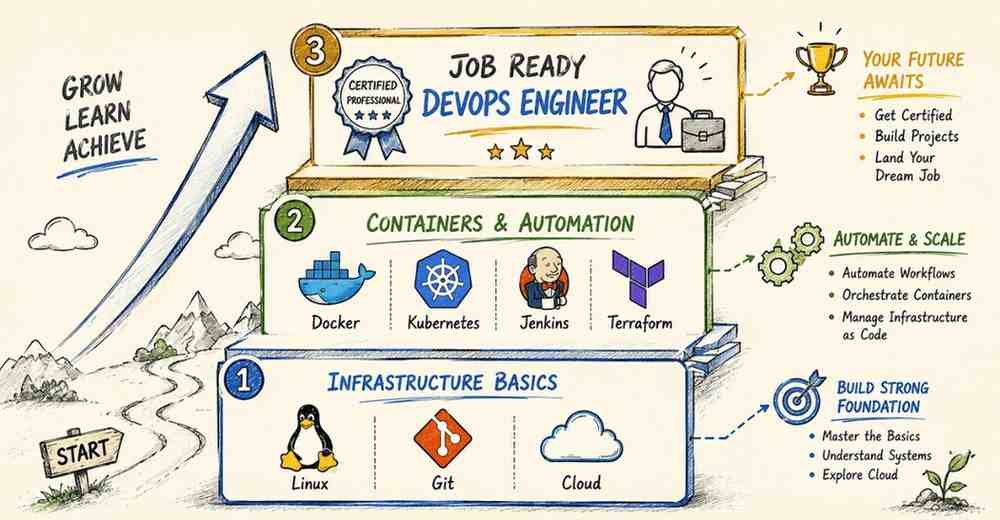 "DevOps engineer learning roadmap from Linux fundamentals to job ready professional"