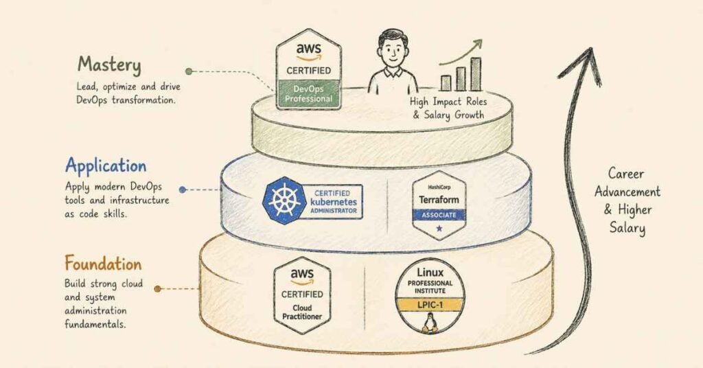 "DevOps certification roadmap featuring AWS Kubernetes and Terraform certifications"