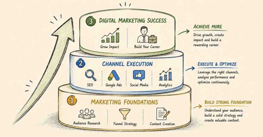 "Digital marketing specialist career framework showing marketing foundations channel execution and career success"