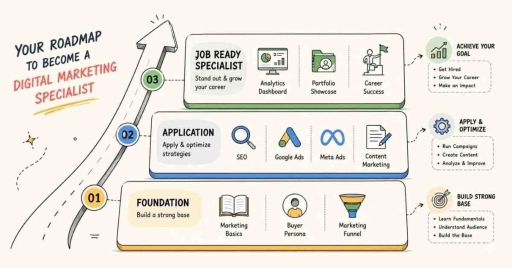 "Digital marketing specialist learning roadmap from fundamentals to job readiness in 2026"