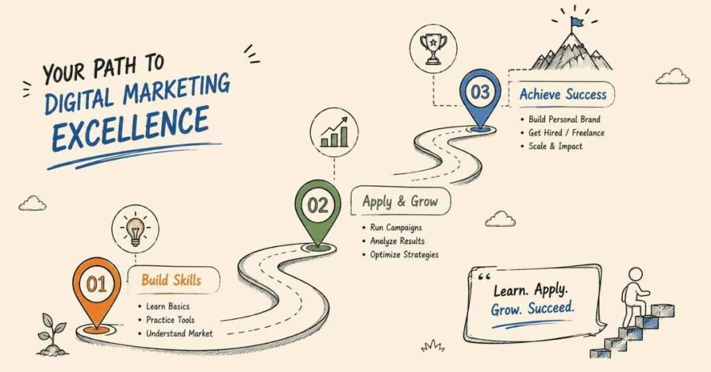 "Digital marketing portfolio roadmap featuring projects case studies and interview preparation"