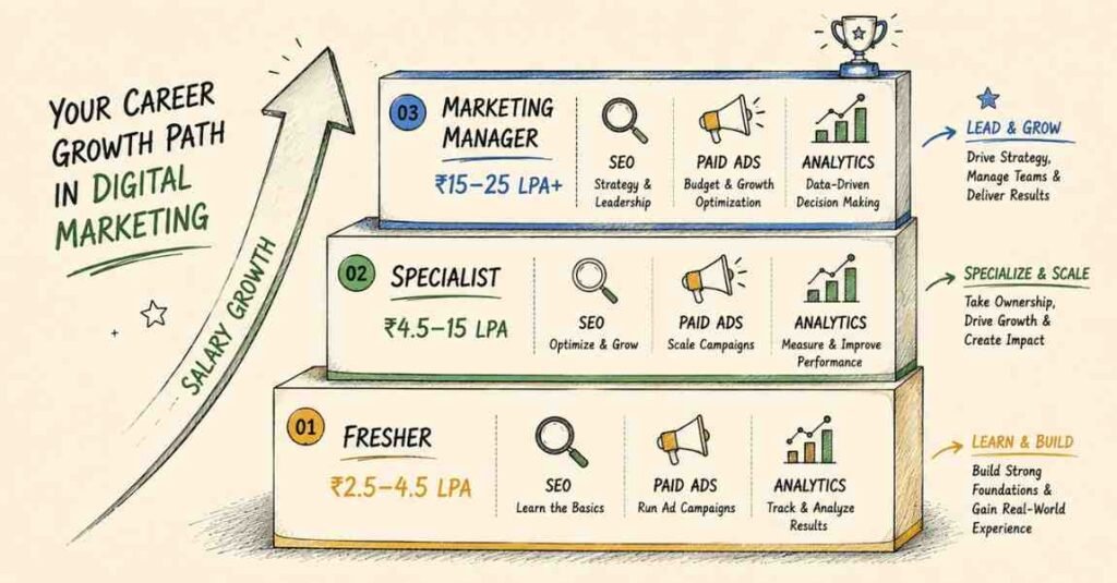 "Digital marketing specialist salary progression and career growth roadmap in India for 2026"