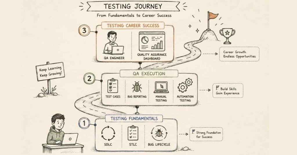 "Software testing career roadmap showing testing fundamentals quality assurance execution and career success progression"