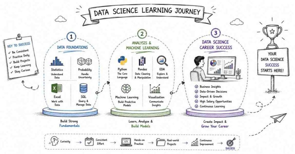 "Traditional data scientist roadmap showing statistics SQL machine learning and career success progression"