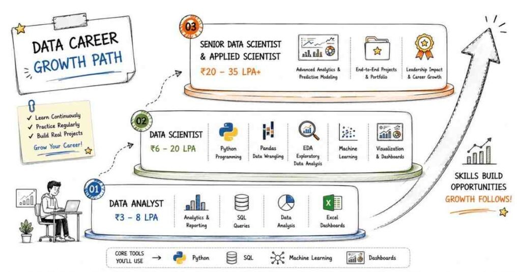 "Traditional data scientist salary progression and career growth roadmap in India for 2026"