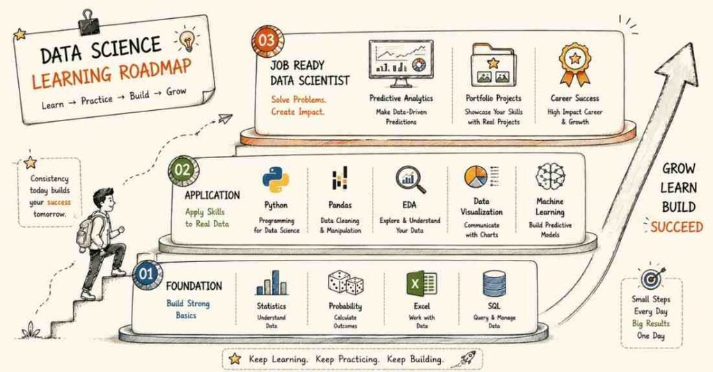 "Traditional data science roadmap from statistics and SQL to machine learning and job readiness"