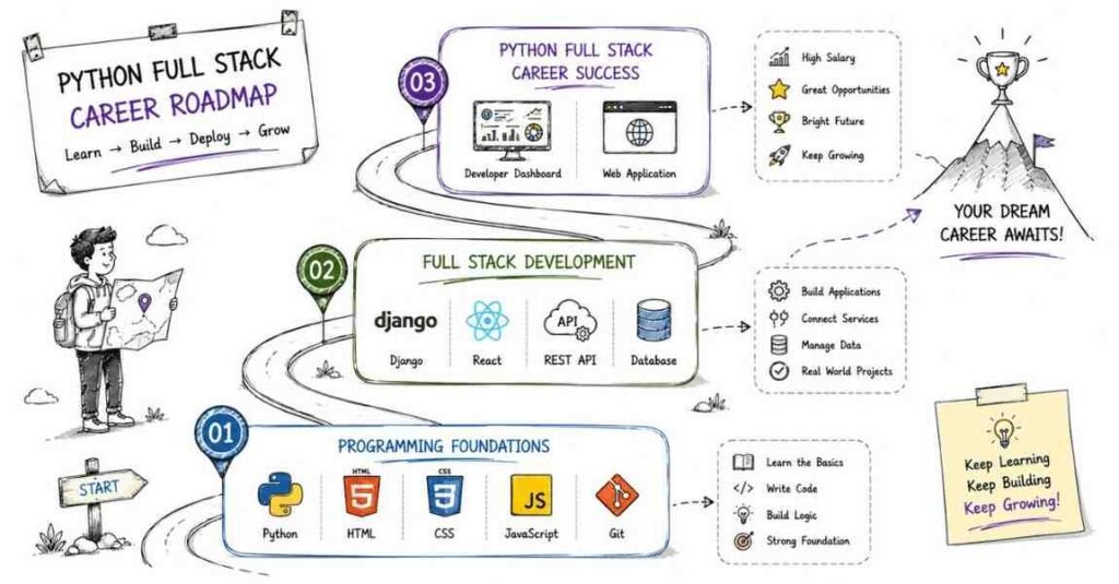 "Python full stack developer roadmap showing programming foundations full stack development and career success progression"