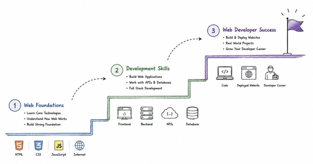 "Web developer roadmap showing HTML CSS JavaScript development skills and career success progression"