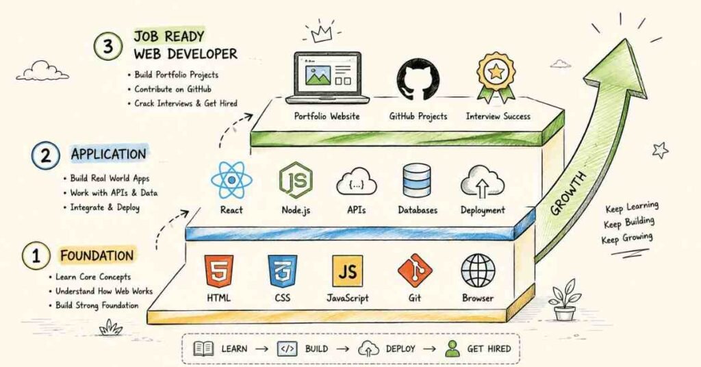 "Web developer roadmap from HTML CSS JavaScript fundamentals to job ready professional in 2026"