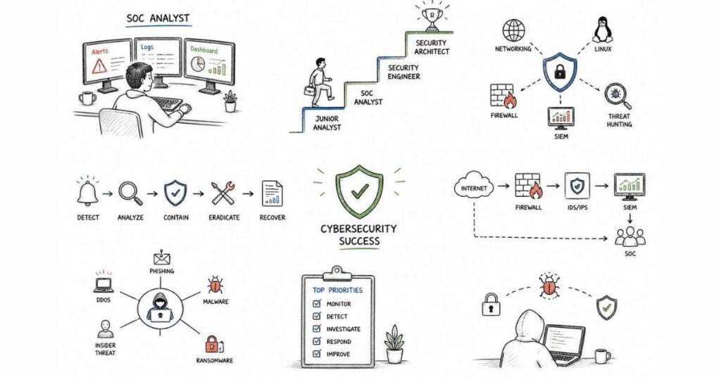 "Cybersecurity engineer roadmap showing networking security fundamentals threat detection and career success progression"