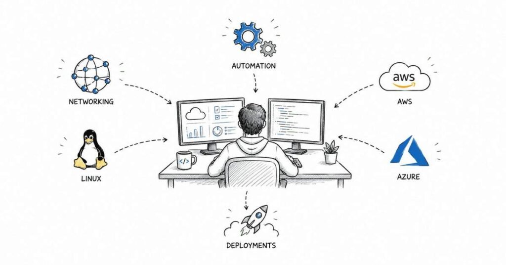 "AWS and Azure cloud engineering roadmap showing cloud fundamentals infrastructure management and career success progression"