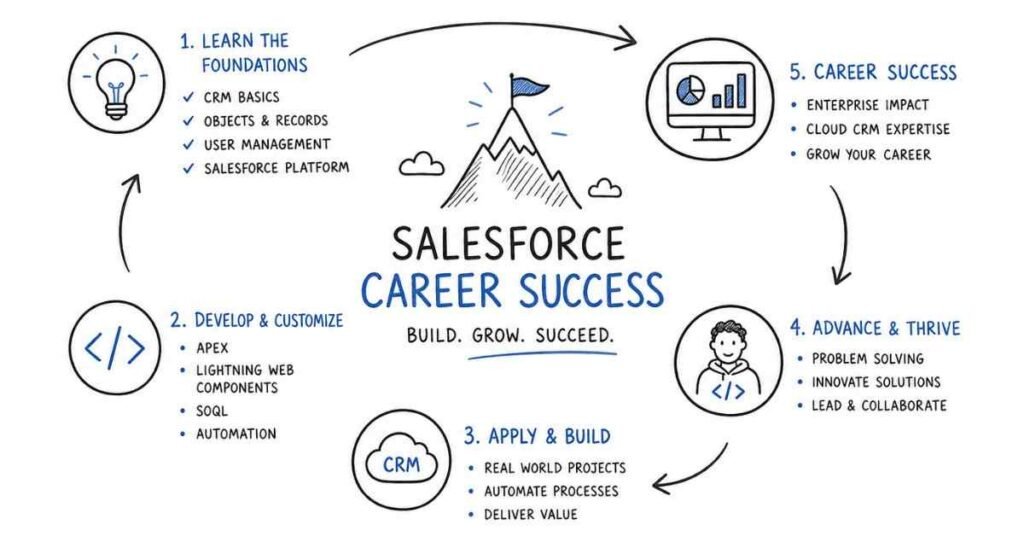 "Salesforce developer roadmap showing CRM fundamentals Apex Lightning Web Components and career success progression"