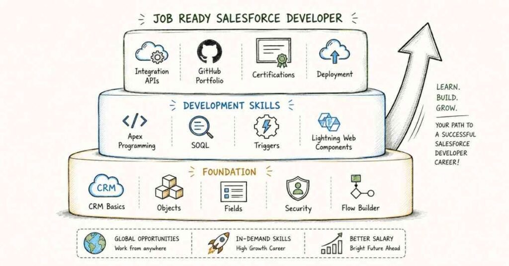 "Salesforce developer roadmap from CRM fundamentals to Apex development and job readiness in 2026"