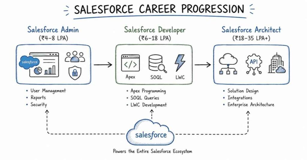 "Salesforce developer salary progression and career growth roadmap in India for 2026"