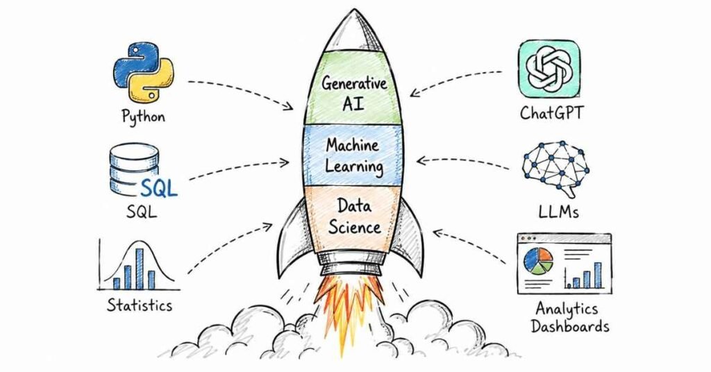 Data Science and Generative AI career roadmap showing Python machine learning and LLM technologies