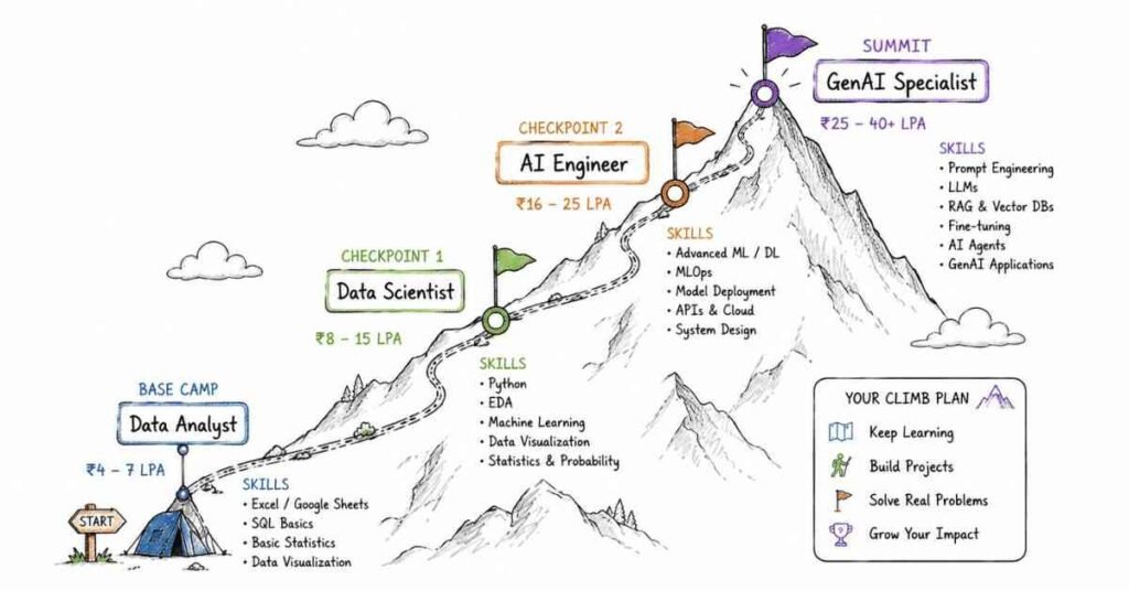 Data Science and Generative AI career growth roadmap with salary progression in India