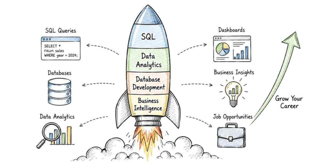 SQL career roadmap showing database development analytics and business intelligence opportunities