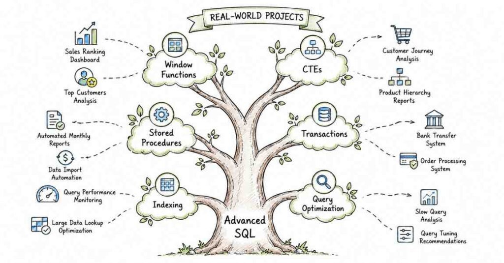 Advanced SQL skills roadmap including window functions stored procedures and query optimization