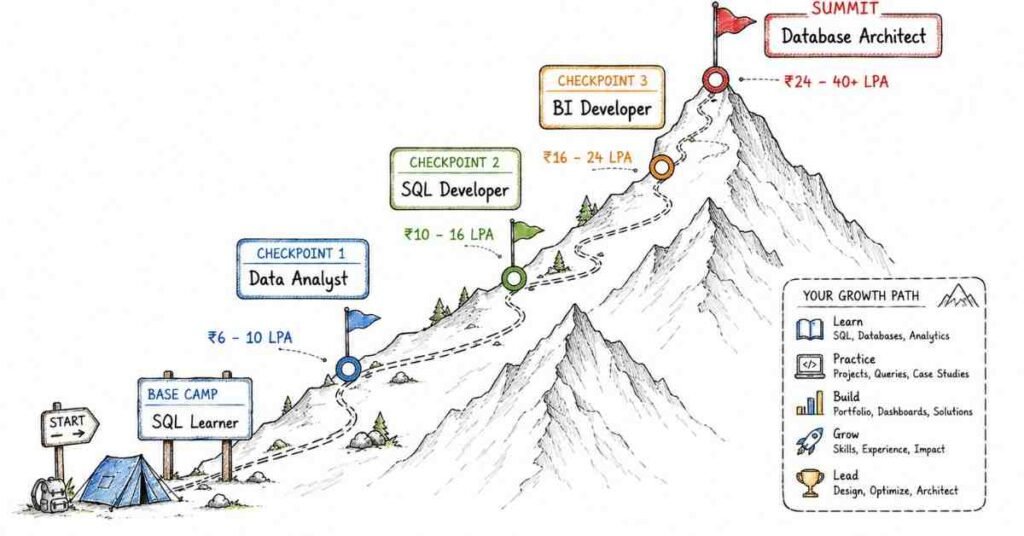 SQL developer career growth roadmap with salary progression from learner to database architect