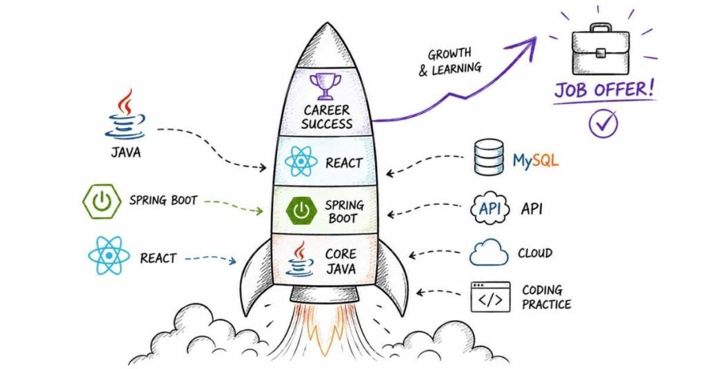 Java Full Stack developer roadmap showing Core Java Spring Boot React and career growth