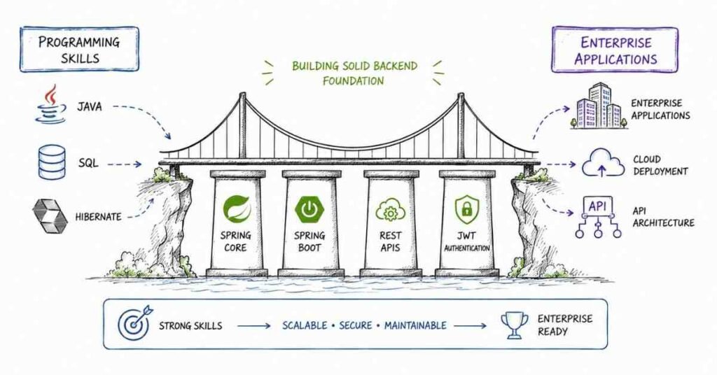 Spring Boot roadmap showing Java SQL REST APIs and enterprise backend development