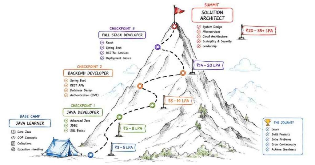 Java Full Stack developer salary roadmap and career growth from fresher to solution architect